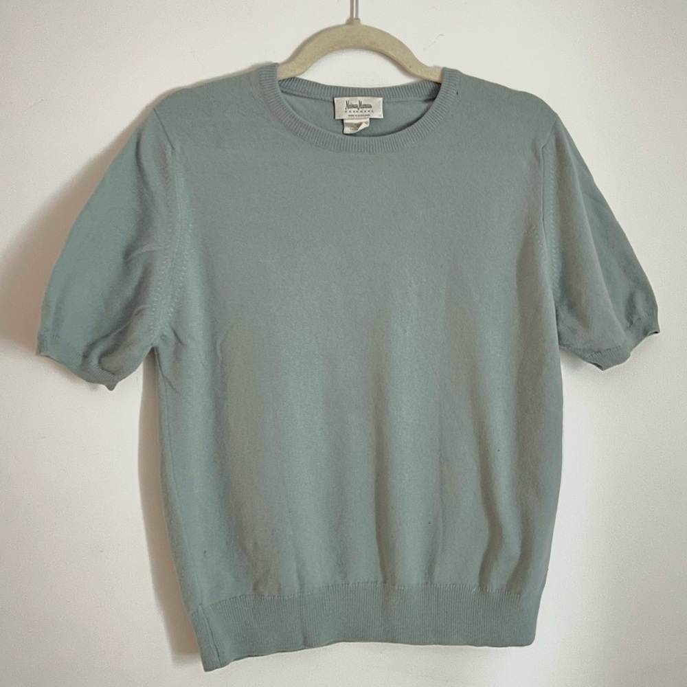 NEIMAN MARCUS Cashmere Collection Balloon Short Sleeve Top — Size XL, Light Blue